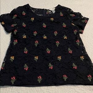 Christopher & Banks Black Lace Top with Floral Embroidery